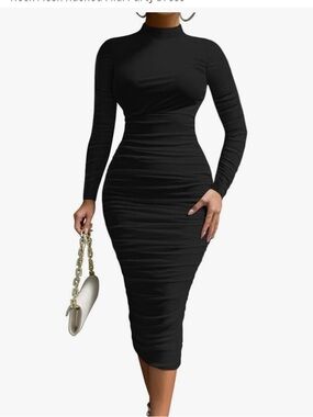OYS Black Bodycon Midi Dress Ruched Long Sleeve Mock Neck Sculpting Luxe Dress